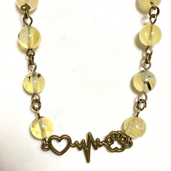 Natural Prehnite Necklace, Bronze Paw Print Heart Beat + Genuine Gemstone - Picture 5 of 16